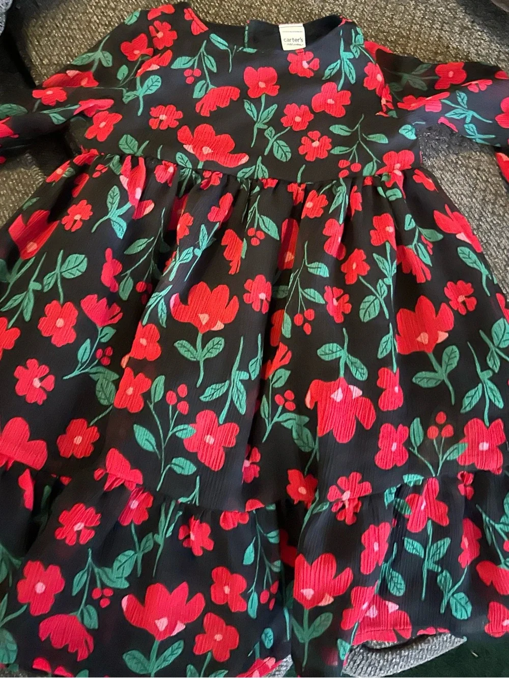 Carter's Child of Mine LS red and black floral chiffon toddler girl dress 2T 2A